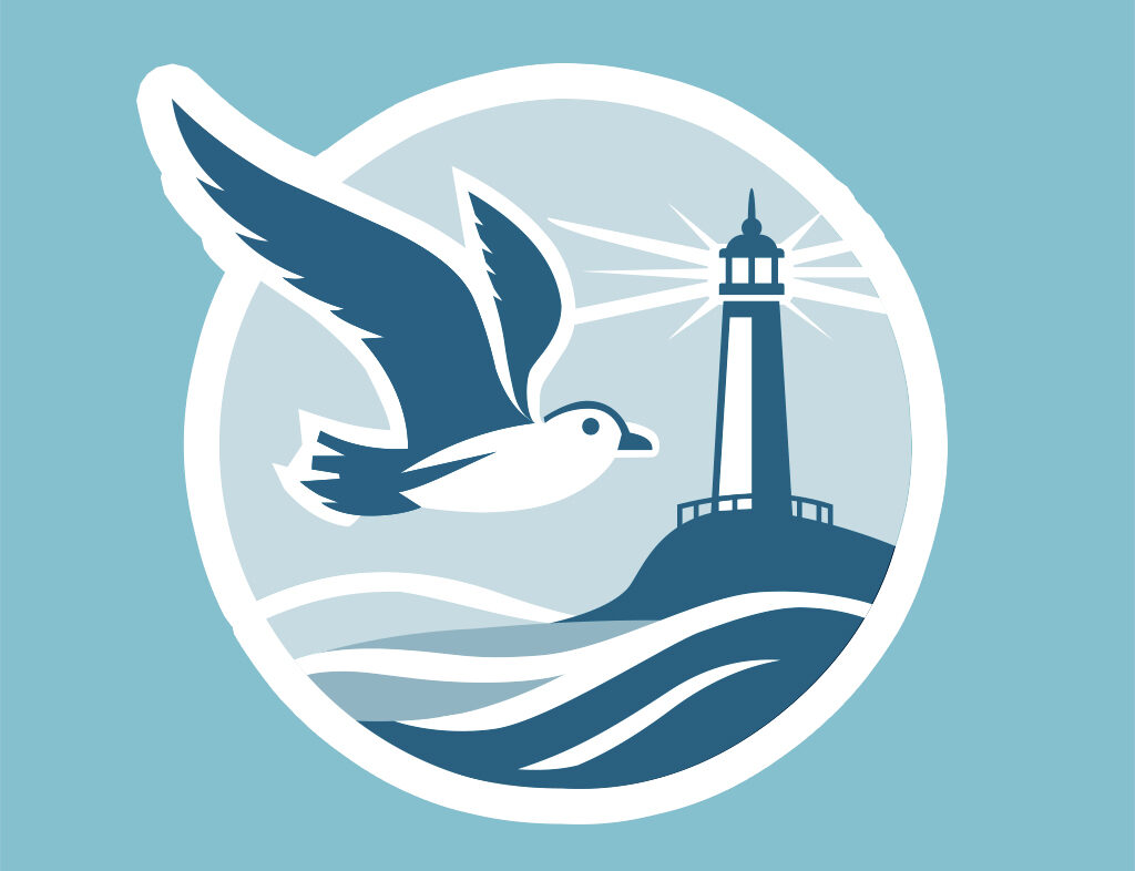 Sturmsegler Angebot Nordlicht Blau-weißes Logo mit fliegender Seemöwe vor einem Leuchtturm und Wellen in einem Kreis.