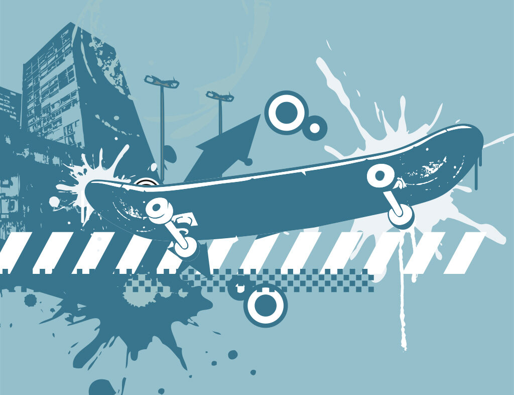 kickflip_nordlicht_angebot skateboard mit innenstadt Hintergrund